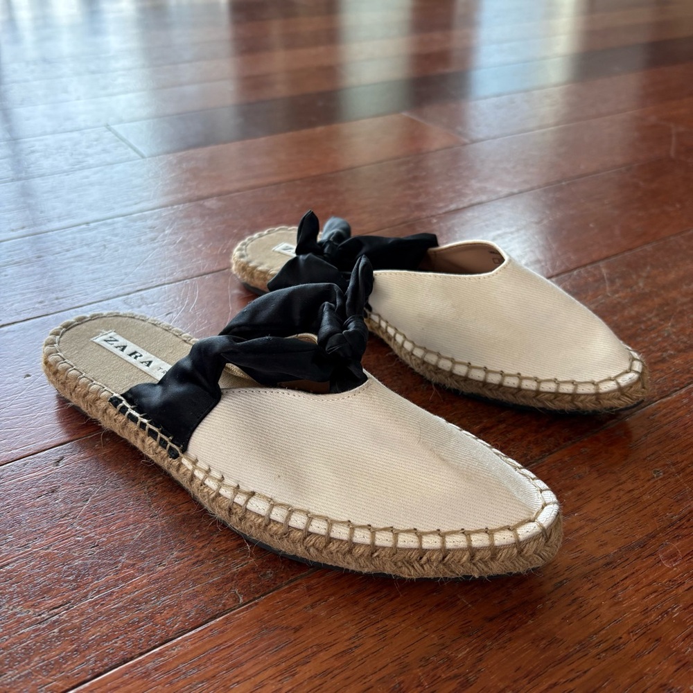 ZARA Cream and Black Espadrille Shoes with Satin Bow